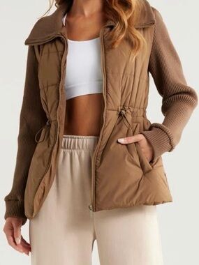 Zella Brown Quilted Rib Mix Hybrid Puffer Jacket Ribbed Sweater Sleeve Small